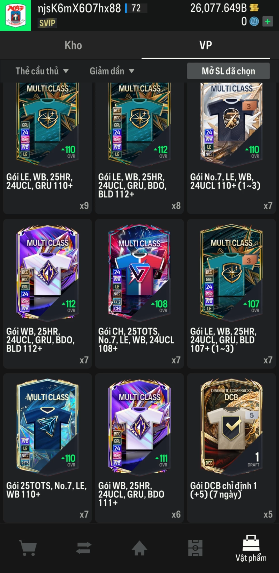 Ảnh ACC mở thẻ (LOẠI SVIP) bao gồm 1 gói thẻ +12 và 500+ đến 600+ thẻ cầu thủ từ Siêu sao đến Miền núi các loại. Có sẵn BP trắng trong acc từ 18.000 tỷ BP đến 26.000 tỷ BP, kèm theo nhiều ngày SVIP